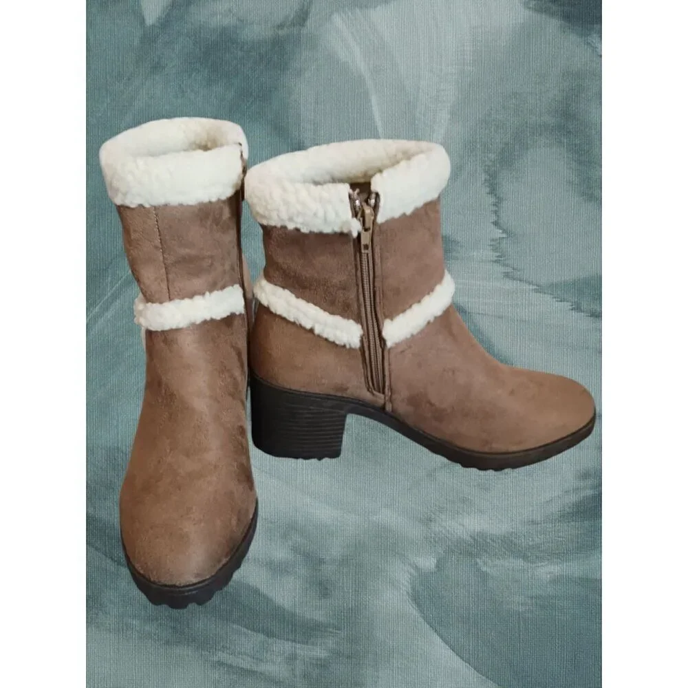 Olivia Miller Faux Sherpa Fur Lined Ankle Boots With Size 8 Brown Taupe Color